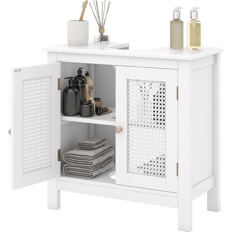 COSTWAY Pedestal Sink Storage Cabinet with 2 Rattan Doors-White (1/5)
