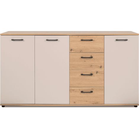 CALICOSY - Buffet 3 portes, 4 tiroirs effet chêne et cachemire L160 cm - LINO (1/5)