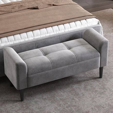 Panca imbottita con bracciolo in velluto grigio, panca da letto, sgabello da letto e panca da camera da letto con motivo trapuntato, stile moderno - CHICFURN (1/5)