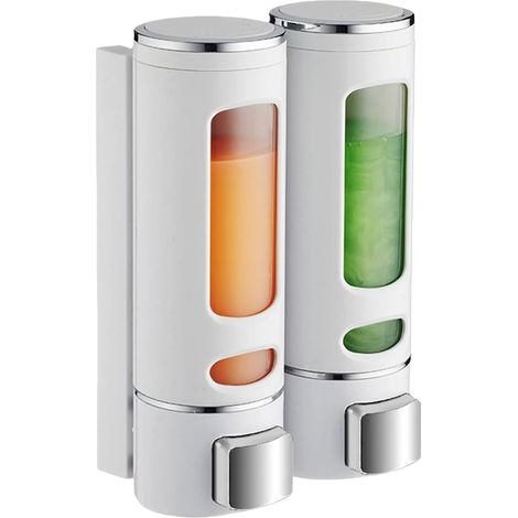 Lot de 2 distributeurs de savon mural - 400 ml - Distributeur de gel douche - Sans perçage - Distributeur à pompe - Pour salle de bain, savon, cuisine, salle de bain - Blanc (1/5)