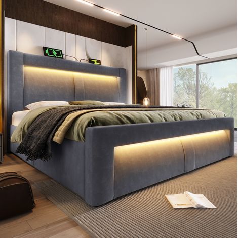 cama cama doble con almacenamiento LED gris OKMYHOME (1/5)