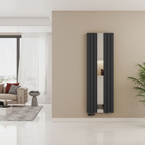 EMKE Radiateur Design Vertical avec Miroir Intégré 1800×608 mm, Radiateur Chauffage Central à Eau Anthracite 1788W, Raccordement Central Bas