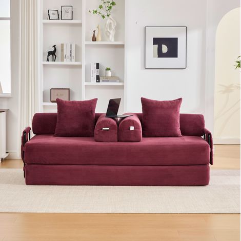 Divano letto 200x94x67 cm in velluto a coste bordeaux con tasca laterale per monolocale (1/5)