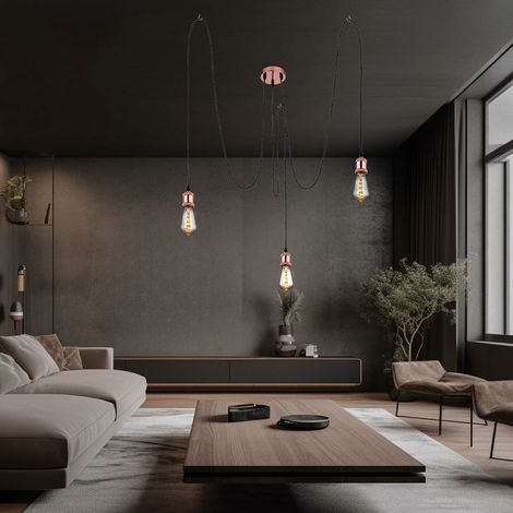 Pendelleuchte Esszimmerlampe 3 flammig Wohnzimmerlampe Hängeleuchte Industriell, Metall kupfer Textil schwarz, 3x E27, H 3x 200 cm