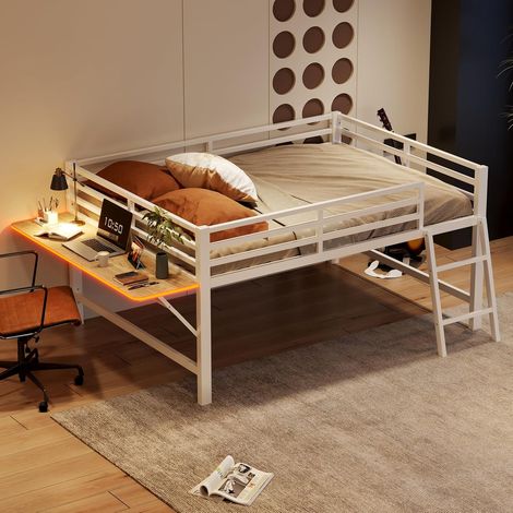 Lit mi-Hauteur métal 140x200 cm avec Étagères de Rangement et LED Télécommande - Lit Enfant/Ado Gain de Place Robuste - sans Matelas - Noir (1/5)