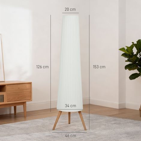 Lampadaire avec trépied, 3 niveaux de luminosité réglables, interrupteur au pied, pieds en bois et abat-jour en tissu, blanc (1/4)