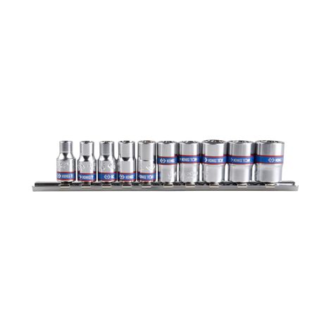 Set di 9 chiavi a bussola corte da 1/4" a 12 punte, misure 5-13 mm, su guida - KY2010MR