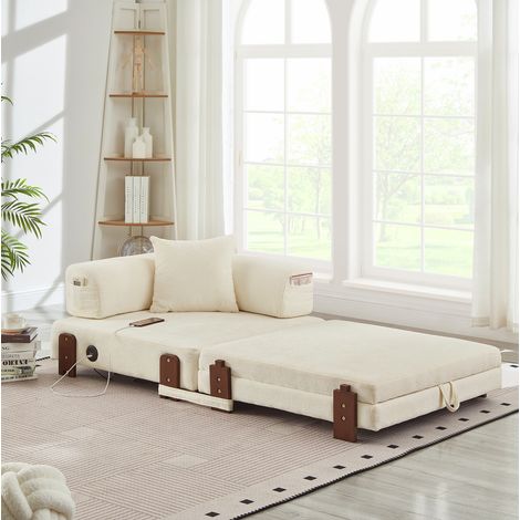 Sofá cama plegable beige de tela con USB, Type-C, almacenamiento y cojín (1/5)