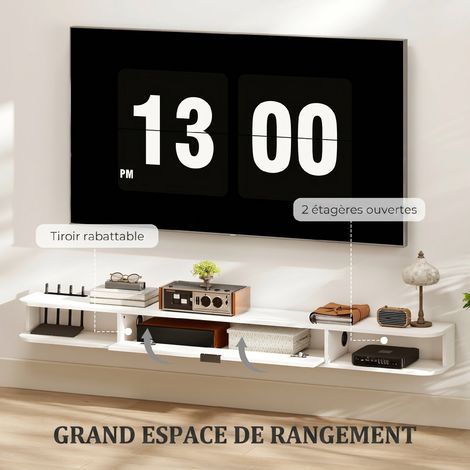 Meuble TV Suspendu, Meuble Télé pour Téléviseur jusqu'à 75 Pouces, Tiroir Rabattable, 2 Étagères, 180x24x16cm, Blanc (1/5)