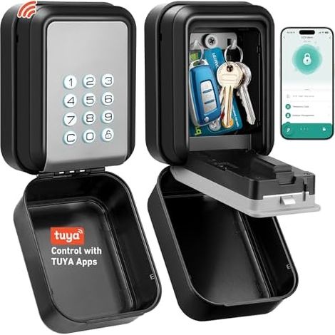 IP65 Waterproof Outdoor Secure Key Box, Wall-Mounted Key Box with Backlit Code, TTLock Anti-Theft Bluetooth Connected Key Box & Multiple Codes (Grey, Tuya Apps) (1/5)