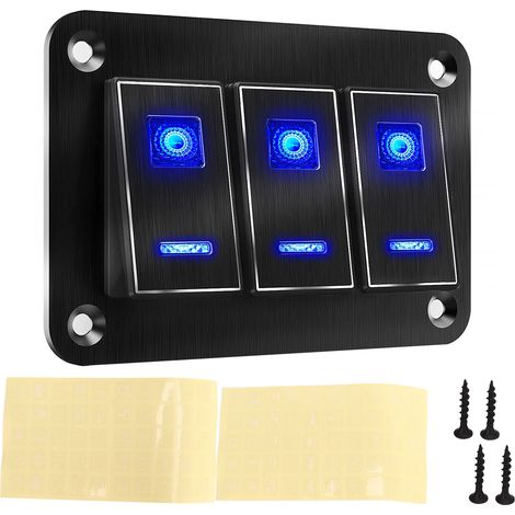 Panneau à 3 interrupteurs à bascule étanches DC12V à 24V 30A 5 broches avec voyant LED bleu et boucles flexibles en polycarbonate pour camping-car, voiture ou yacht (1/5)