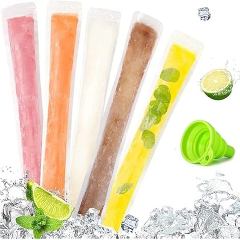 Lot de 120 sachets de glace à l'eau, en polyéthylène, transparents, avec entonnoir, batonnets de glace, à faire soi-même, pour yaourt, jus et smoothies (28 x 5,5 cm) (1/4)