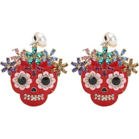 Skull Earrings Exaggerated Style Rhinestone Ear Studs Ladies Alloy Ear Loop for Daily Dress Up Party DecorationRed (1/5)