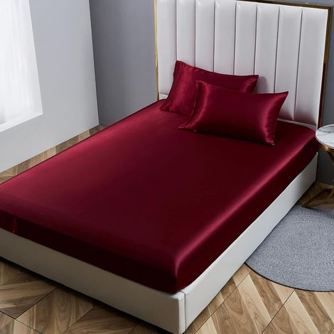Damier Drap-housse 100x200cm Rouge Bordeaux Satin Soie Brillant Drap de lit Uni Deluxe, adapté pour des matelas jusqu'à 30cm (1/5)