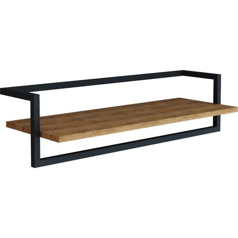 Portemanteau meuble d'entrée design mural Evje avec barre de penderie et étagère panneau de particules acier 80 x 30 x 20 cm effet bois noir (1/3)