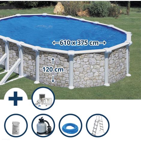 Stahlwandpool Set (6-teilig) hoch oval 610 x 375 x 120 cm, Stahl 0,45mm Steinoptik Folie 0,3mm blau (1/5)