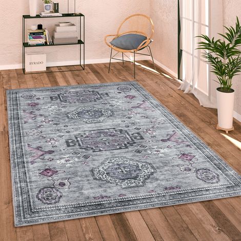 Paco Home Teppich Wohnzimmer Flachgewebe Vintage Orient Ornamente Bordüre Waschbar Grau, 120x160 cm