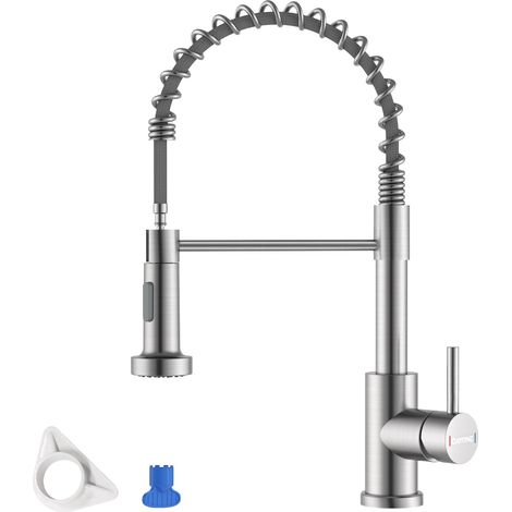 DAYONE Kitchen Sink Taps with Pull Down Sprayer, Spring Kitchen Mixer Tap with 2 Modes Spray, 360° Swivel High Arc Single Lever Commercial Kitchen Sink Taps, UK G1/2 Kitchen Faucet,Brushed Nickel (1/5)