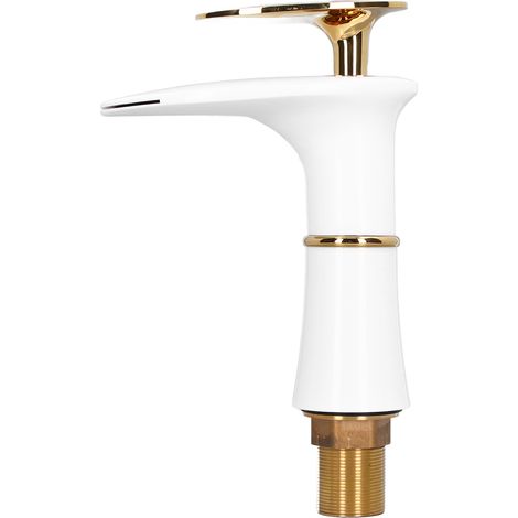 G1/2 Wasserfallarmatur für Waschbecken, Badezimmerarmatur aus massivem Messing, Einloch-Warm-/Kaltwassermischer, goldener Griff, niedrige Ausführung (Anleitung in Englisch). (1/5)