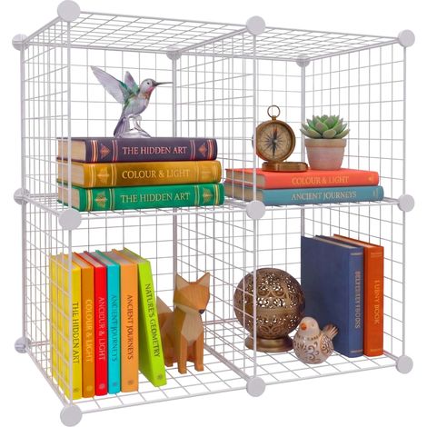 Relaxdays Scaffale 4 cubi modulare, a incastro, HxLxP: 75x75x37 cm, rete metallica bianca