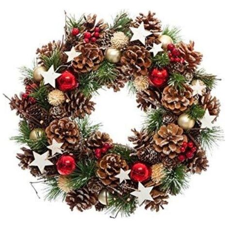 Couronne de Noël artificielle 35 cm avec houx, pommes de pin et étoiles – Décoration féerique de porte