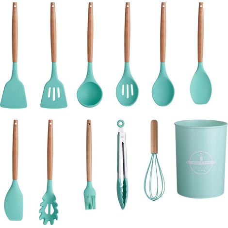 Ustensiles de Cuisine en Silicone et Bois - Set de 12 Pièces - Antiadhésifs et Résistants à la Chaleur - Spatules et Cuillères - Pour Poêles et Casseroles - Vert (1/5)