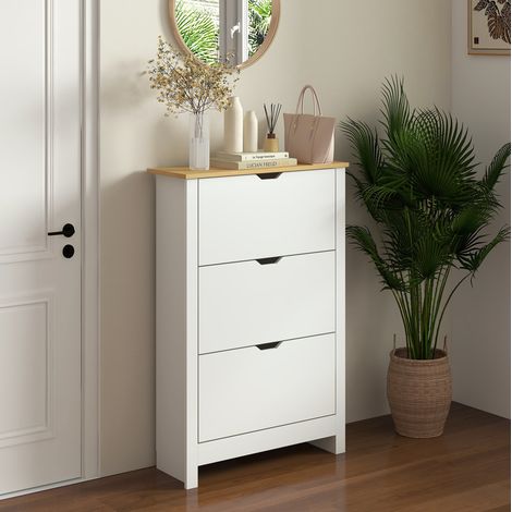 Meuble à chaussures 3 abattants blanc, rangement gain de place jusqu’à 18 paires, armoire à chaussures étroite avec grande tablette pour entrée et couloir - CHICFURN (1/5)