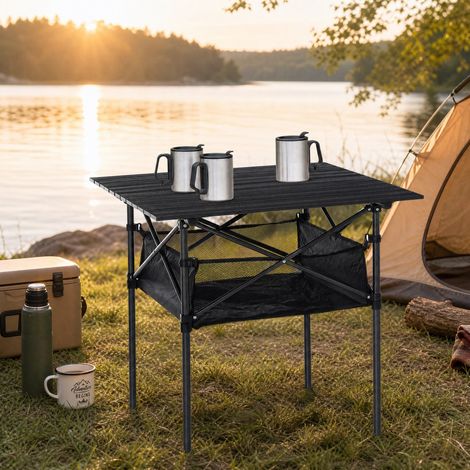 Mesa de camping plegable 70x70x69 cm de aluminio negro con almacenaje - MEUBLIV (1/5)