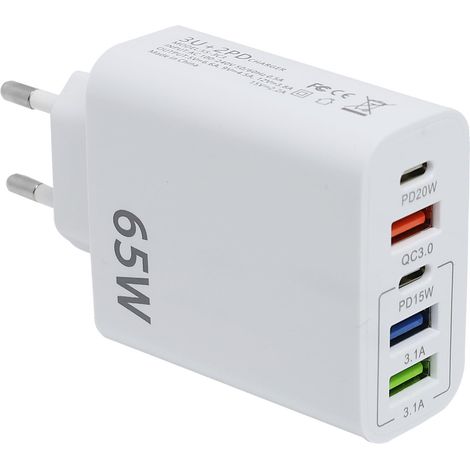Chargeur USB C Rapide, 65W 5-Port Prise USB Multiple, Chargeur Rapide QC3.0 Multi Adaptateur pour i-Phone 14/13/12/11/XS/X, SAMS-ung Galaxy S23 S22 S21