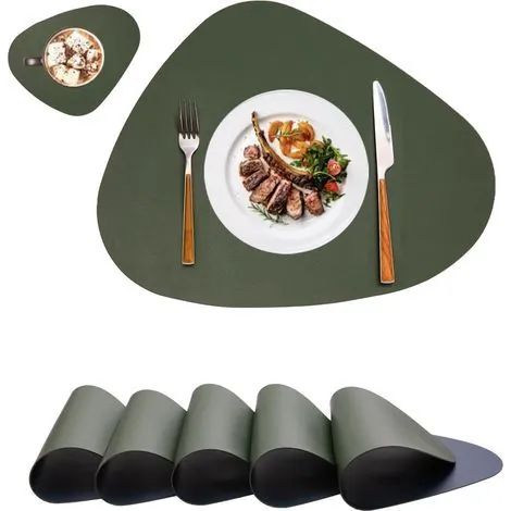 Ensemble de 6 sets de table ronds lavables (vert et bleu), sets de table en cuir, double face, imperméables et antidérapants, résistants à la chaleur. (1/3)