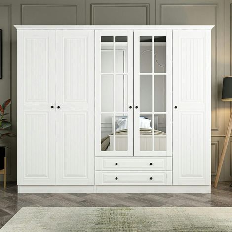 Armoire penderie blanche à moulures, 5 portes 2 miroirs BYRON