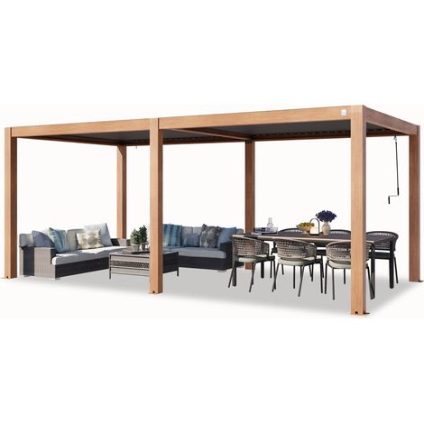 PRIMEYARD Pérgola 3x6 m postes de aluminio aspecto de madera con techo de lamas de aluminio pabellón de jardín (1/5)