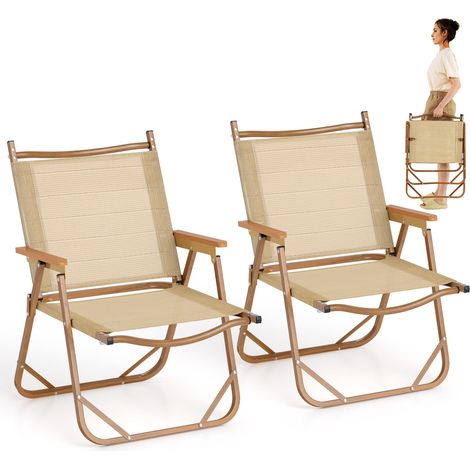 Lot de 2 chaises pliantes de camping beiges en aluminium léger avec tissu respirant et accoudoirs pour plage, camping et jardin (1/5)