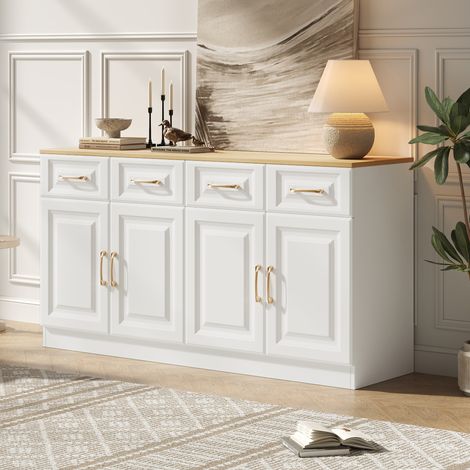 Credenza con 4 Ante, 4 Cassetti e 2 Ripiani Regolabili, in Pannello di Particelle, Bianco e Rovere, 140 × 40 × 75 cm