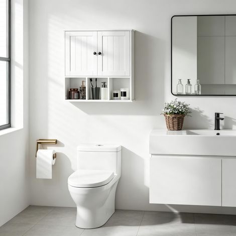 Armoire murale de salle de bain avec 2 portes, tablette réglable et compartiments ouverts, meuble gain de place fixé au mur pour ranger vos articles de toilette dans la salle de bain (1/5)