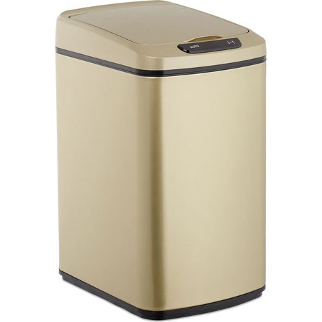 Relaxdays Cestino dei Rifiuti con Sensore, Automatico 12 L, Cesto Rettangolare con Coperchio & Secchio Interno, dorato