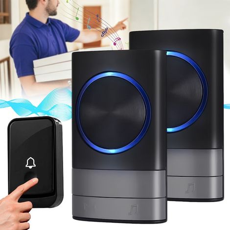 Sonnette sans fil, avec 1 émetteur et 2 récepteurs, lumière LED, étanche, 45 sonneries, 4 niveaux de volume, électrique, installation facile, utilisation extérieure, noire (1/5)