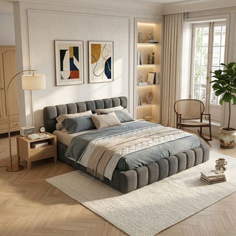 VASIEN – Lit rembourré 160x200 cm – lin – avec dossier moelleux – lit double avec sommier à lattes – convient aux adultes et adolescents – Gris (1/5)