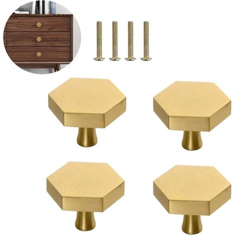 4 Pièces Laiton Massif Monotrou Petite Poignée, Laiton Hexagone Boutons, Poignée de Meuble Boutons de placard traditionnel, Décoration pour Armoire Commode Porte Placard (1/4)