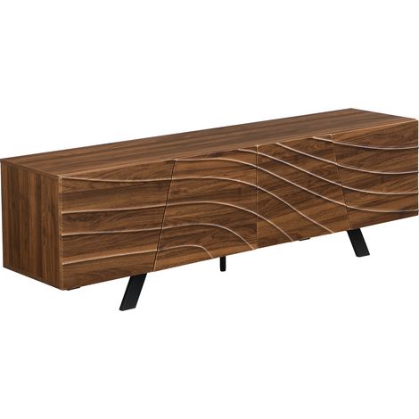 Meuble TV moderne à façade ondulée – meuble TV bas aspect noyer avec pieds en fer noirs, grand espace de rangement, gestion des câbles et tablette – meuble TV pour salon, entrée (160×39×50.5 cm) (1/5)