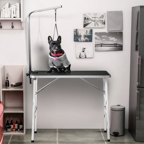 Mesa de peluquería para mascotas (90x60x76 cm), plegable, con altura ajustable, superficie antideslizante, acero, negro y blanco (1/5)