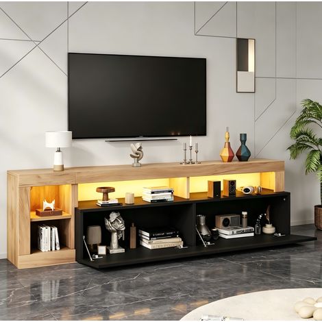 Mueble TV (184x42x58 cm), para televisor de 80 pulgadas, con luz LED, almacenaje abierto, tablero de partículas, negro (1/5)