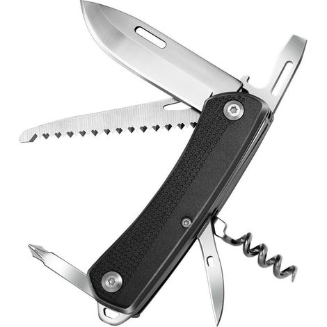 Couteau de poche 7-en-1 en acier inoxydable Multitool avec scie, tire-bouchon, ouvre-boîte pour le camping