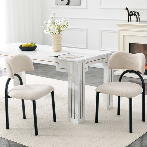 Set di 2 sedie da pranzo imbottite, schienale curvo, tessuto beige, metallo nero (1/5)