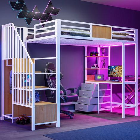 Lit mezzanine 90/200 cm 252,2/95,5/175 cm blanc en métal et MDF avec bureau, rangements et éclairage (1/5)