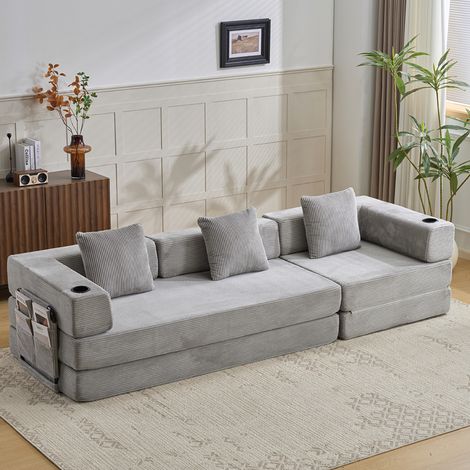 Canapé convertible de sol 3 places en tissu effet corduroy, gris clair, sans montage OKMYHOME (1/5)