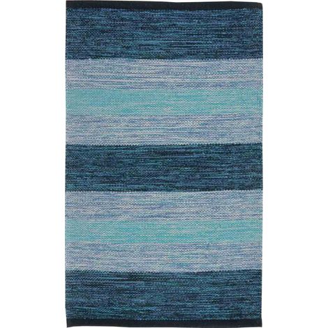 Tappeto HAPPY BLU disegno a righe 100% cotone annodati a mano, passatoia stuoia cucina multiuso lavabile cm.55x110 (1/3)