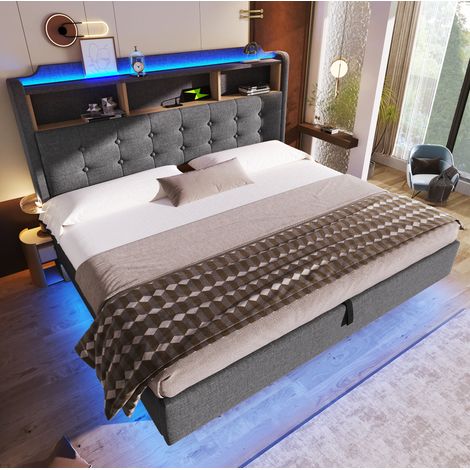 Lit coffre 180x200 cm en lin gris, avec rangement LED, pour chambre adulte FloraGrace (1/5)