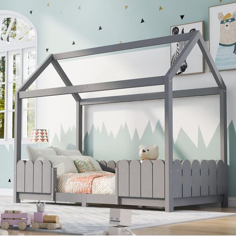 Cama infantil tipo casita de madera maciza gris 90x200 cm con barrera de seguridad y somier de láminas (1/5)