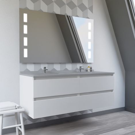 Meuble double vasque 140 cm ARLEQUIN avec miroir Prestige- Vasque Gris- Traverses Blanc
